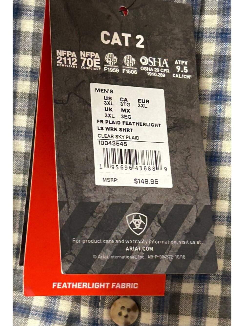 NEW Ariat Men's FR 3XL Featherlight Work Shirt Flame Resistant CAT 2 NFPA 2112 - Picture 4 of 16